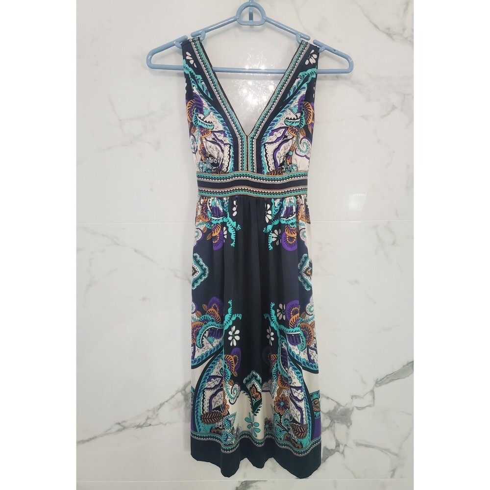 ECI New York Silk Paisley Dress Sz 6 Black / Teal Sleeveless V-Neck Belted Boho